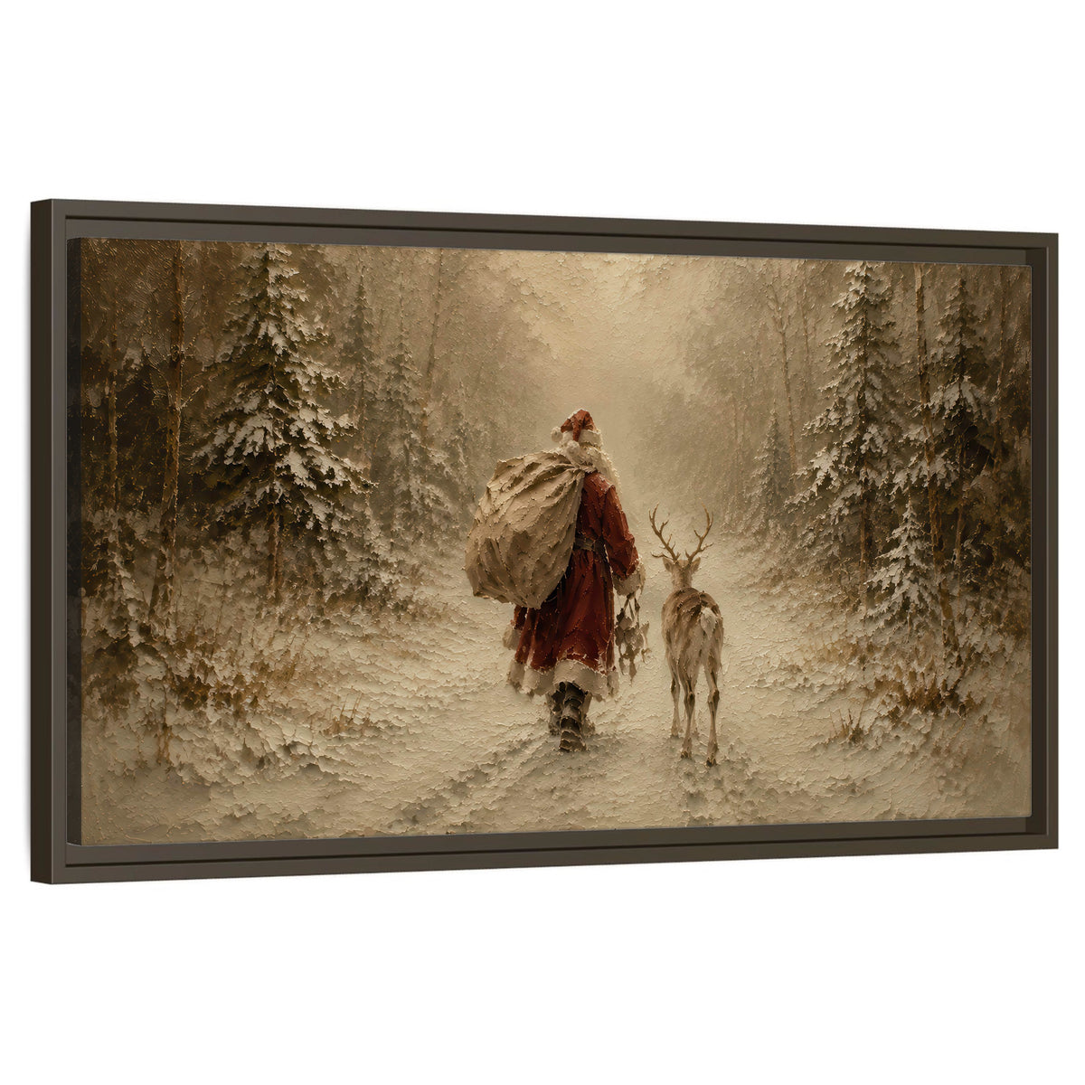 Santa and reindeer painting framed canvas wall art on a white background