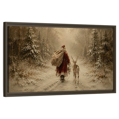 Santa and reindeer painting framed canvas wall art on a white background