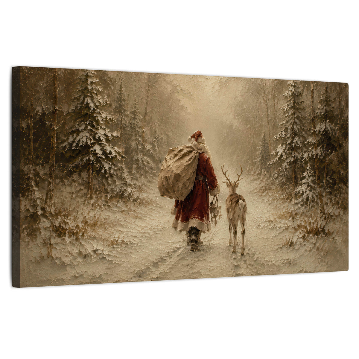 Santa and reindeer painting stretched canvas wall art on a white background