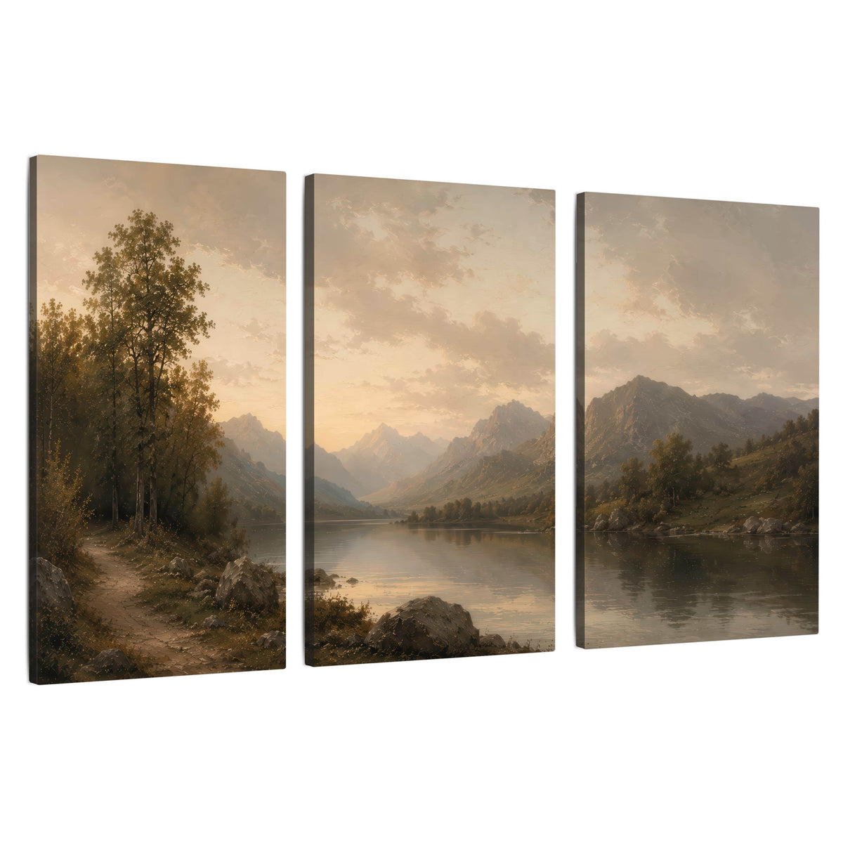 Golden mountain lake painting 3 piece canvas wall art set on a white background