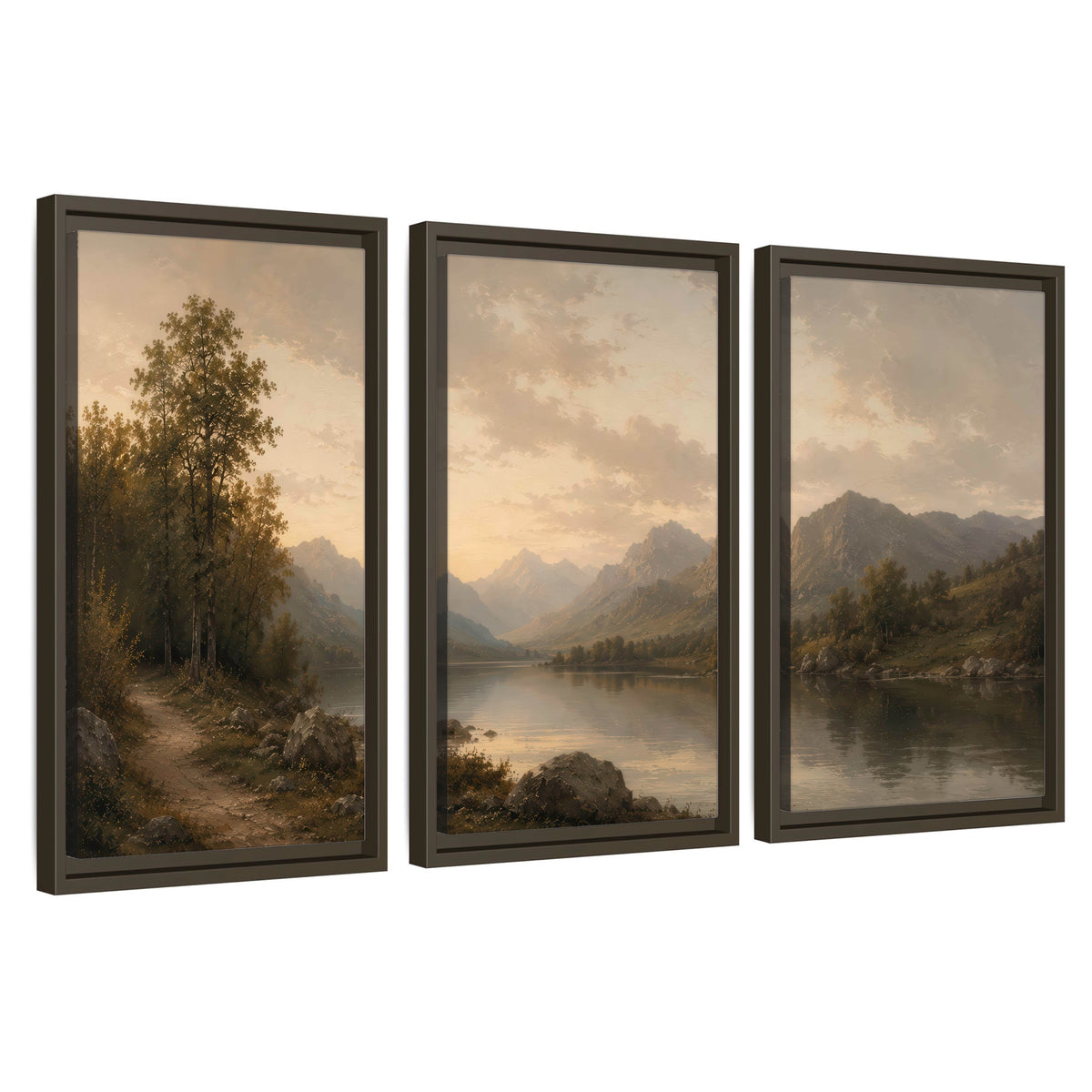 Golden mountain lake painting 3 piece framed canvas wall art set on a white background