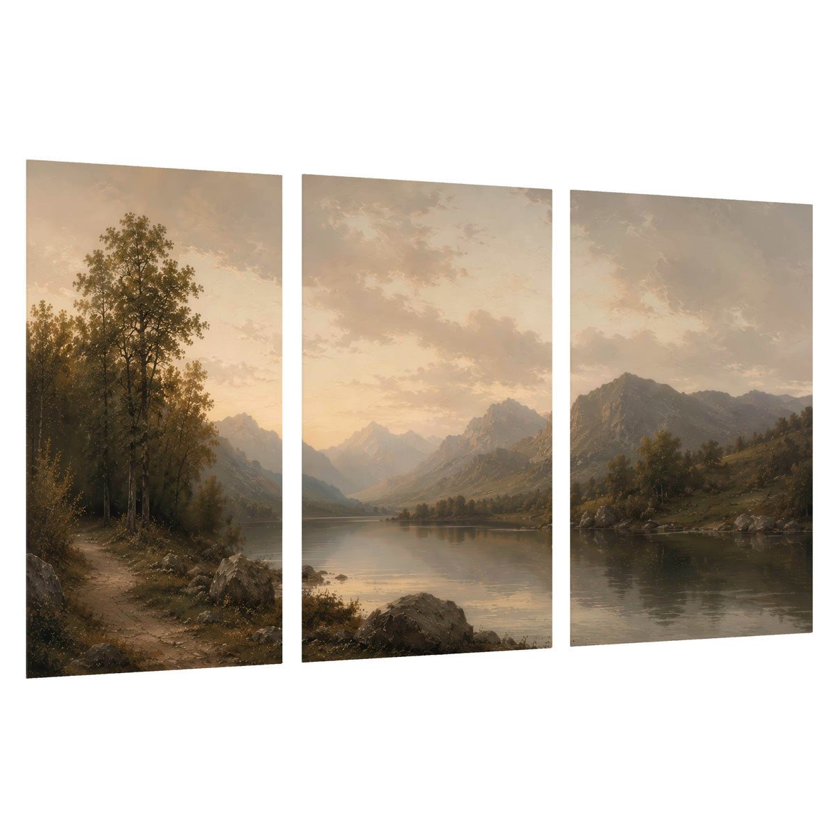 Golden mountain lake painting set of 3 poster prints on a white background