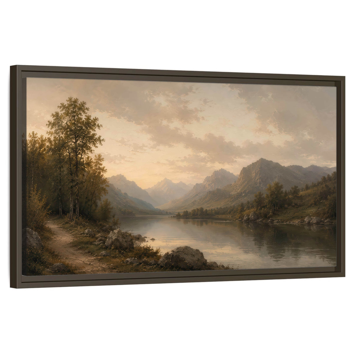 Golden mountain lake painting framed canvas wall art on a white background