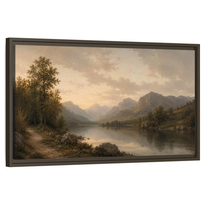 Golden mountain lake painting framed canvas wall art on a white background