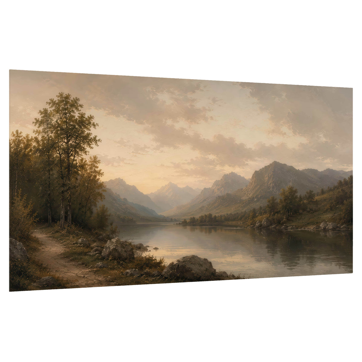 Golden mountain lake painting poster print on a white background