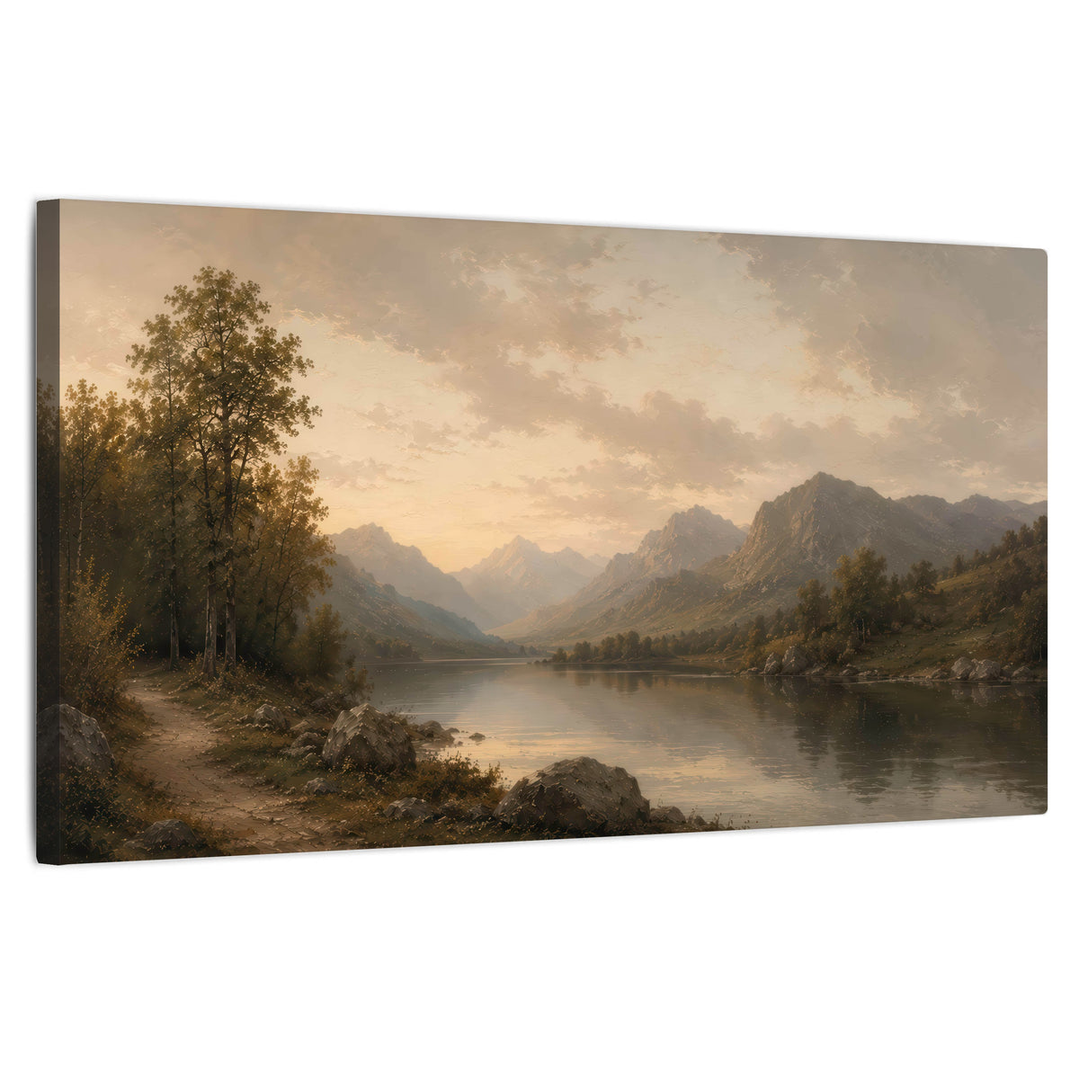 Golden mountain lake painting stretched canvas wall art on a white background