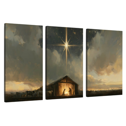 Nativity star of Bethlehem painting 3 piece canvas wall art set on a white background