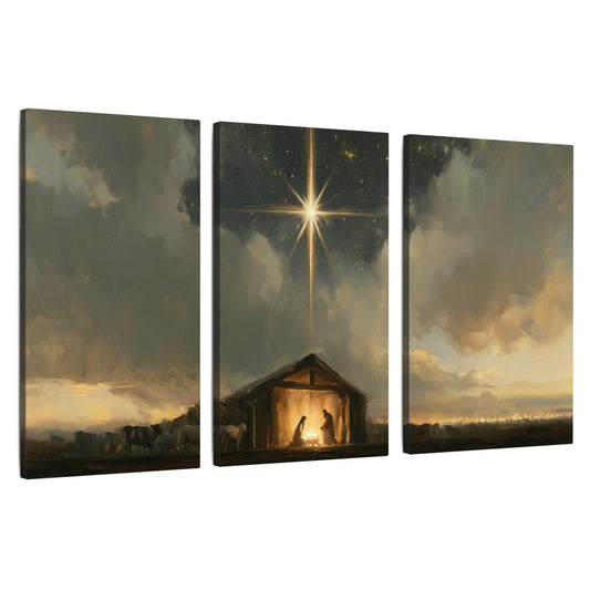 Nativity star of Bethlehem painting 3 piece canvas wall art set on a white background