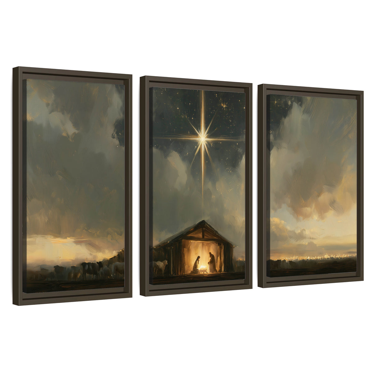 Nativity star of Bethlehem painting 3 piece framed canvas wall art set on a white background