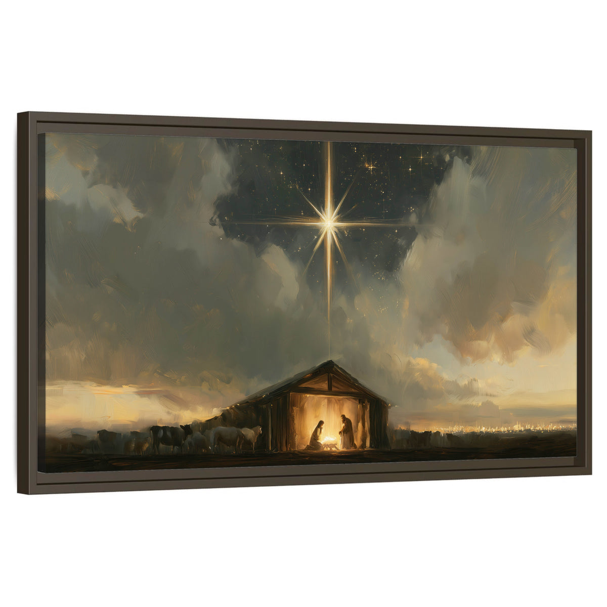 Nativity star of Bethlehem painting framed canvas wall art on a white background