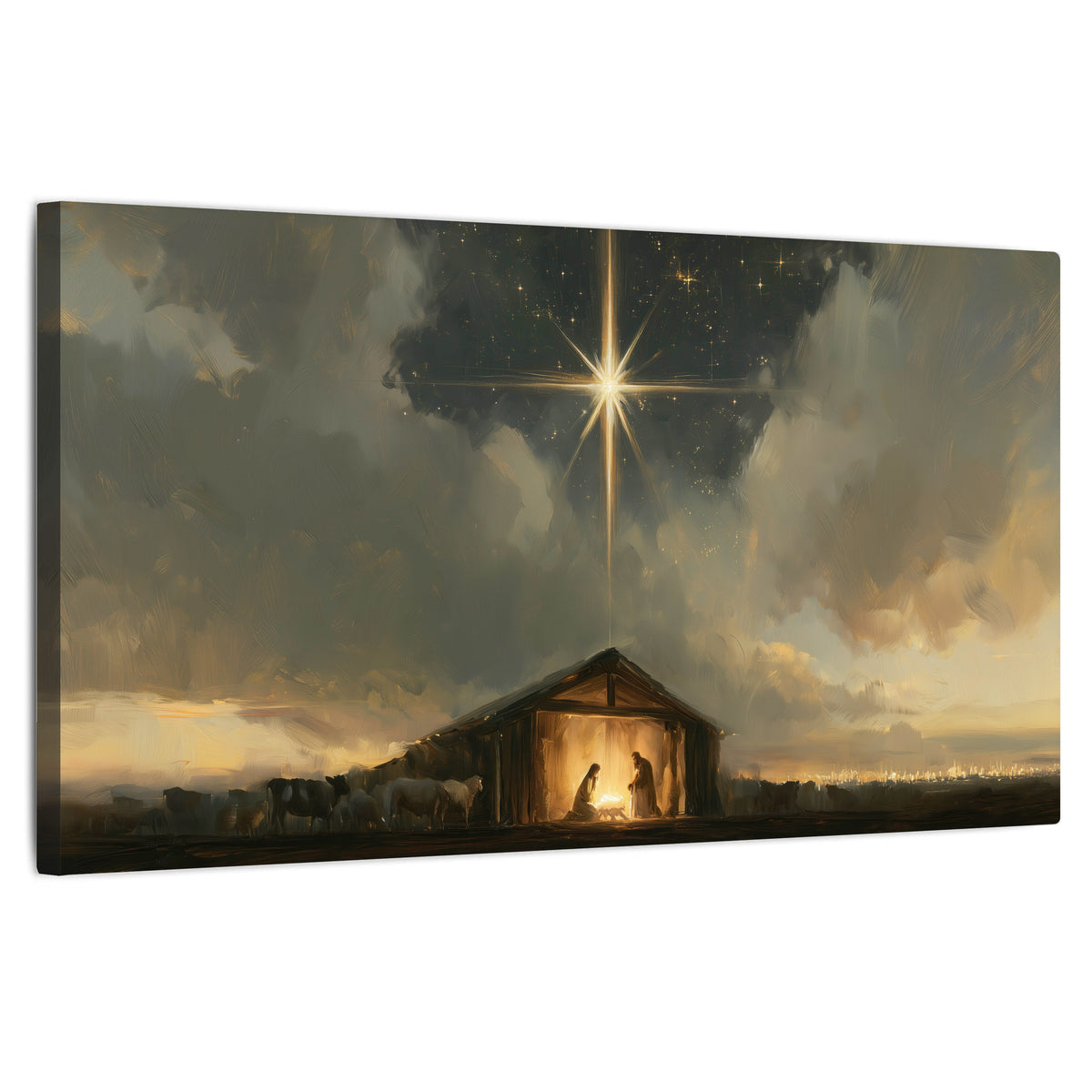 Nativity star of Bethlehem painting stretched canvas wall art on a white background