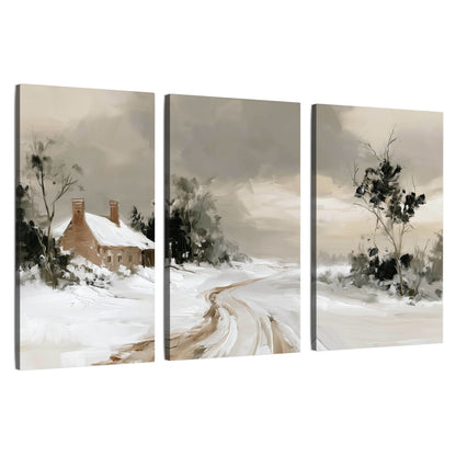 Neutral winter cottage painting 3 piece canvas wall art set on a white background