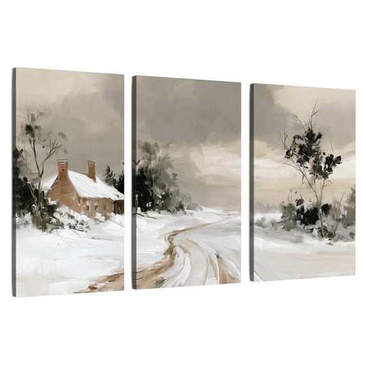 Neutral winter cottage painting 3 piece canvas wall art set on a white background