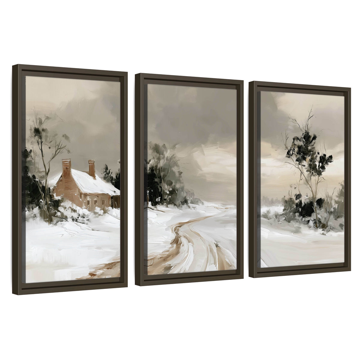 Neutral winter cottage painting 3 piece framed canvas wall art set on a white background