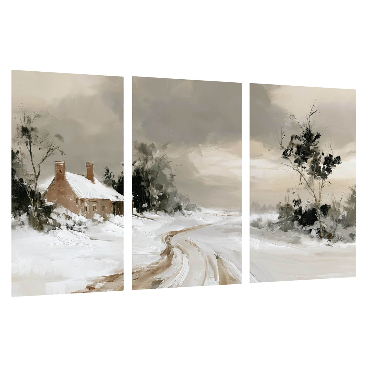 Neutral winter cottage painting set of 3 poster prints on a white background