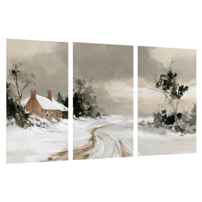 Neutral winter cottage painting set of 3 poster prints on a white background