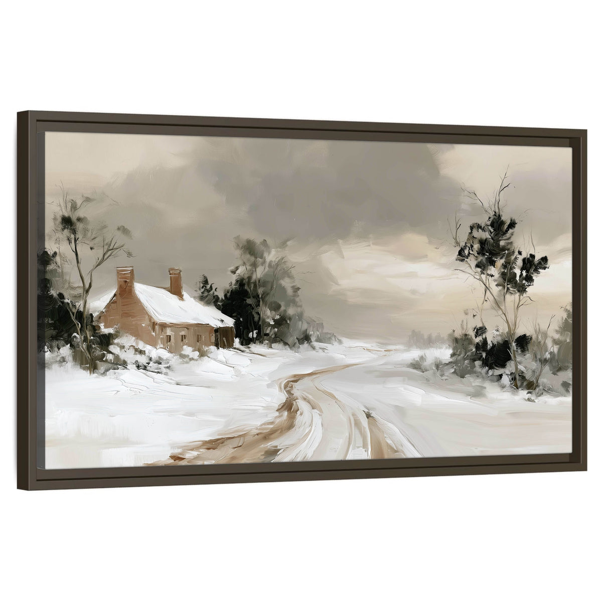 Neutral winter cottage painting framed canvas wall art on a white background