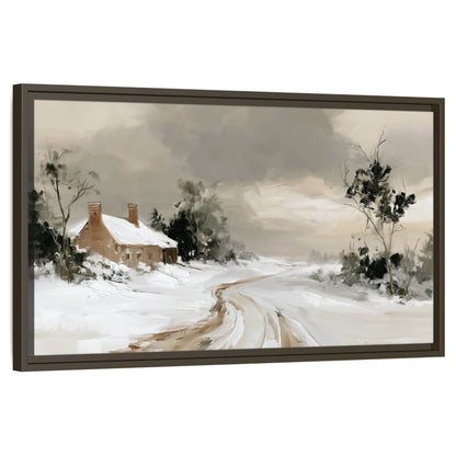 Neutral winter cottage painting framed canvas wall art on a white background