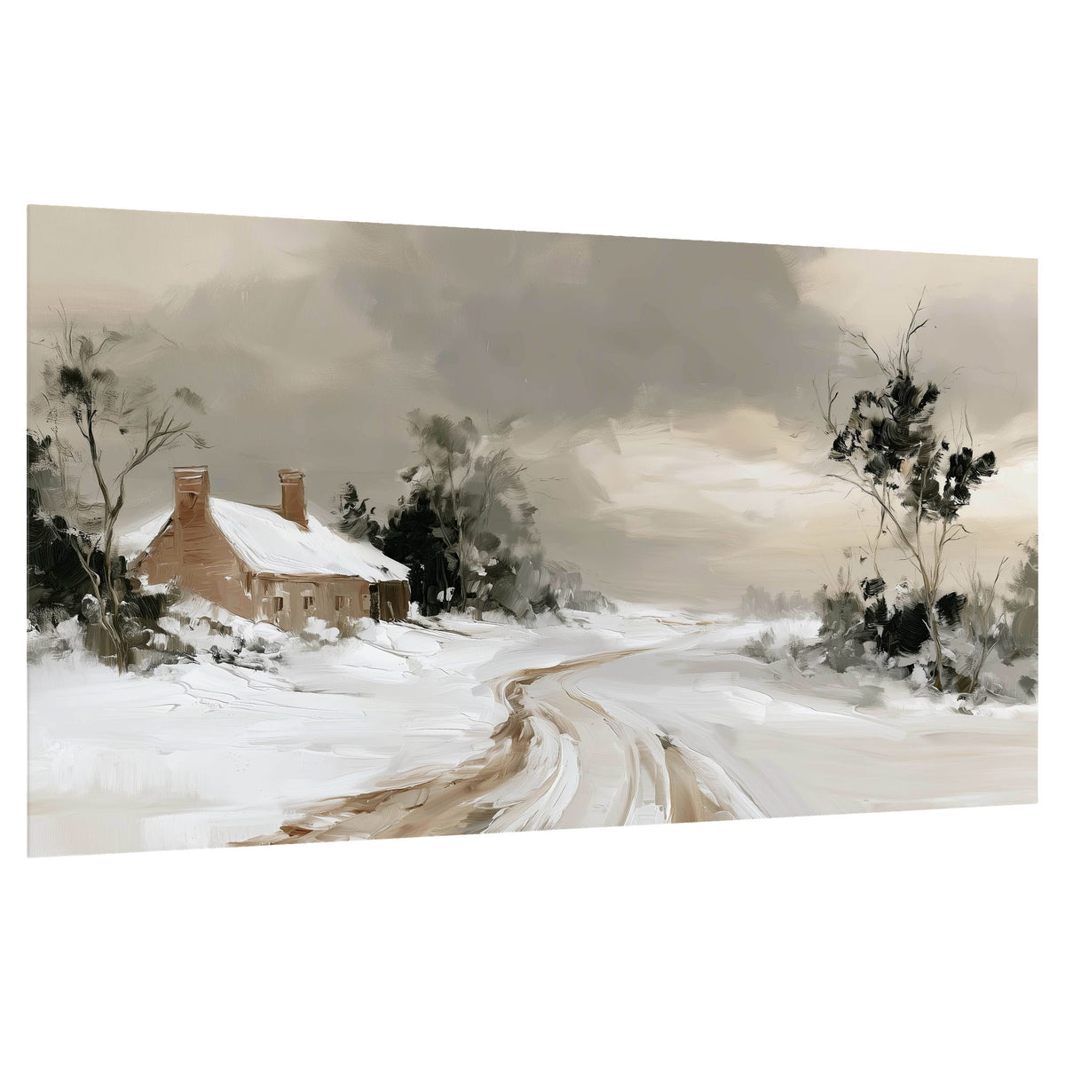 Neutral winter cottage painting poster print on a white background