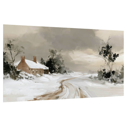 Neutral winter cottage painting poster print on a white background
