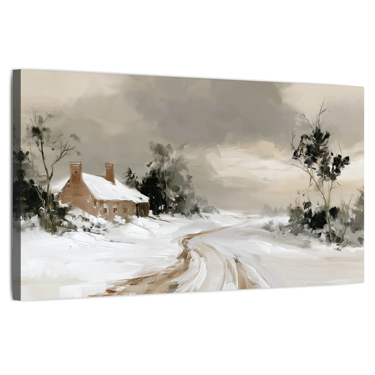 Neutral winter cottage painting stretched canvas wall art on a white background