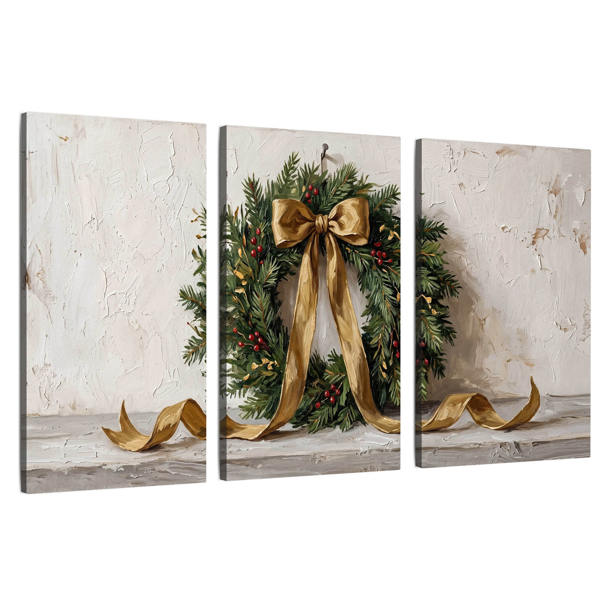Christmas wreath gold ribbon painting 3 piece canvas wall art set on a white background