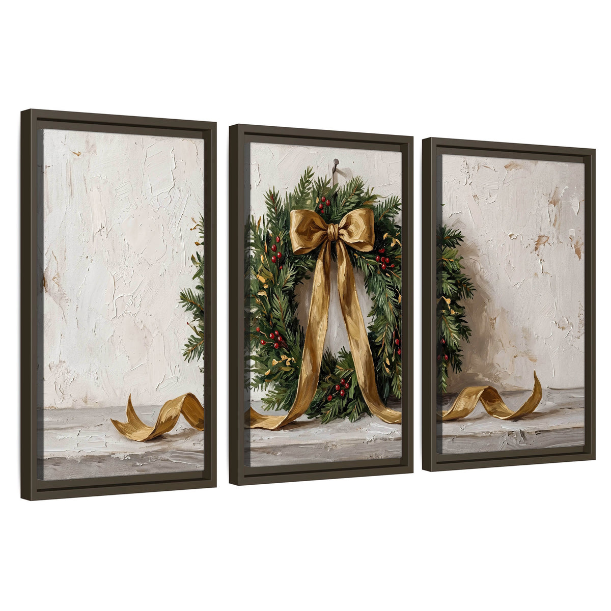 Christmas wreath gold ribbon painting 3 piece framed canvas wall art set on a white background