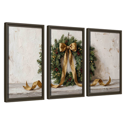 Christmas wreath gold ribbon painting 3 piece framed canvas wall art set on a white background