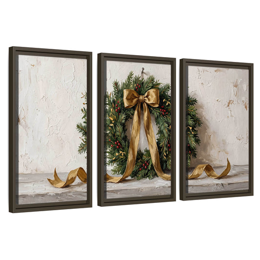 Christmas wreath gold ribbon painting 3 piece framed canvas wall art set on a white background