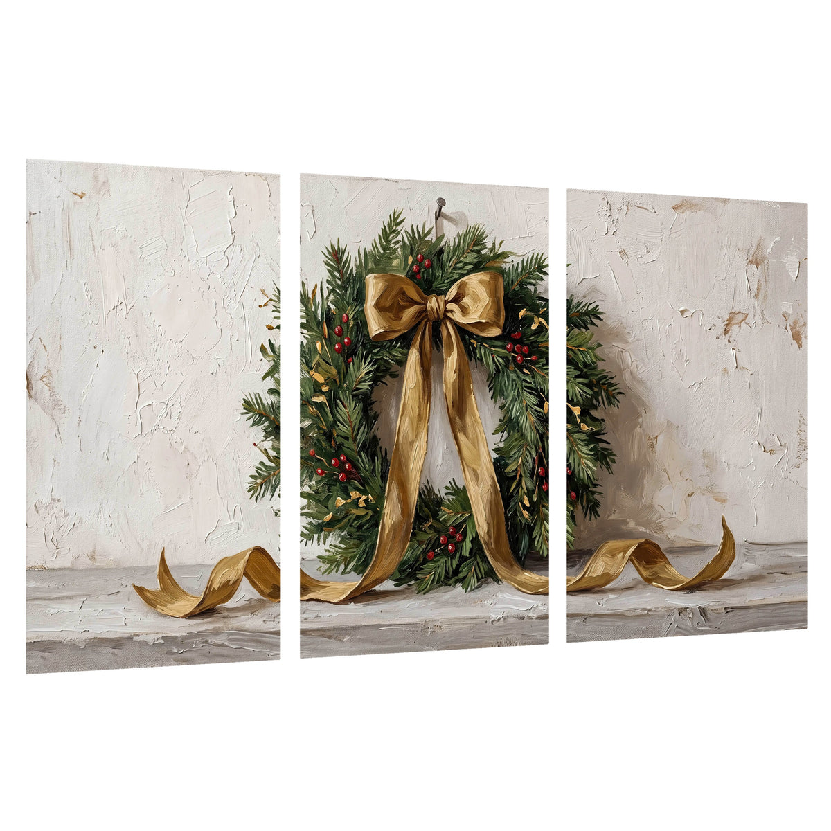 Christmas wreath gold ribbon painting set of 3 poster prints on a white background