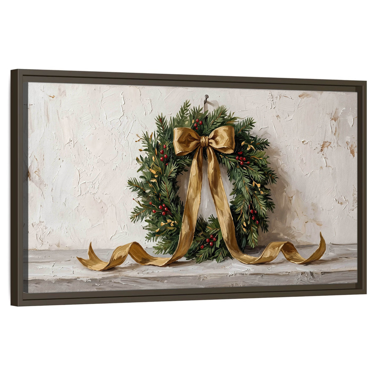 Christmas wreath gold ribbon painting framed canvas wall art on a white background