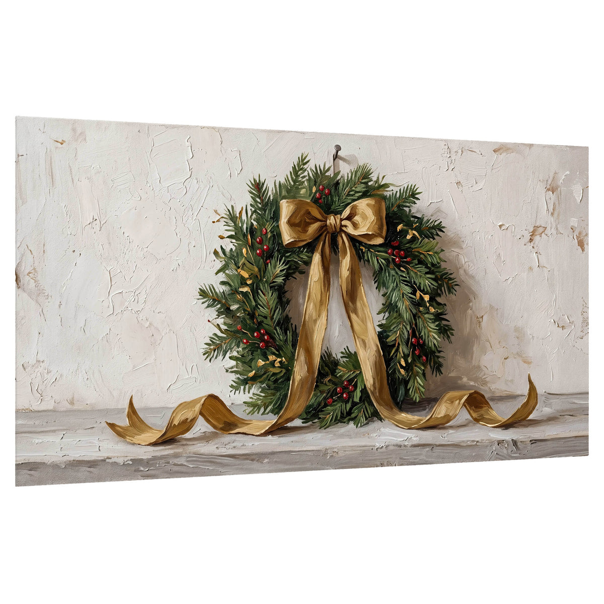 Christmas wreath gold ribbon painting poster print on a white background