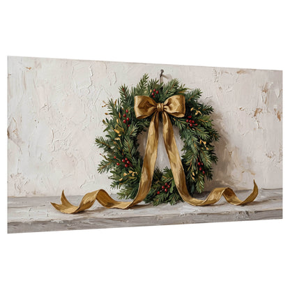 Christmas wreath gold ribbon painting poster print on a white background