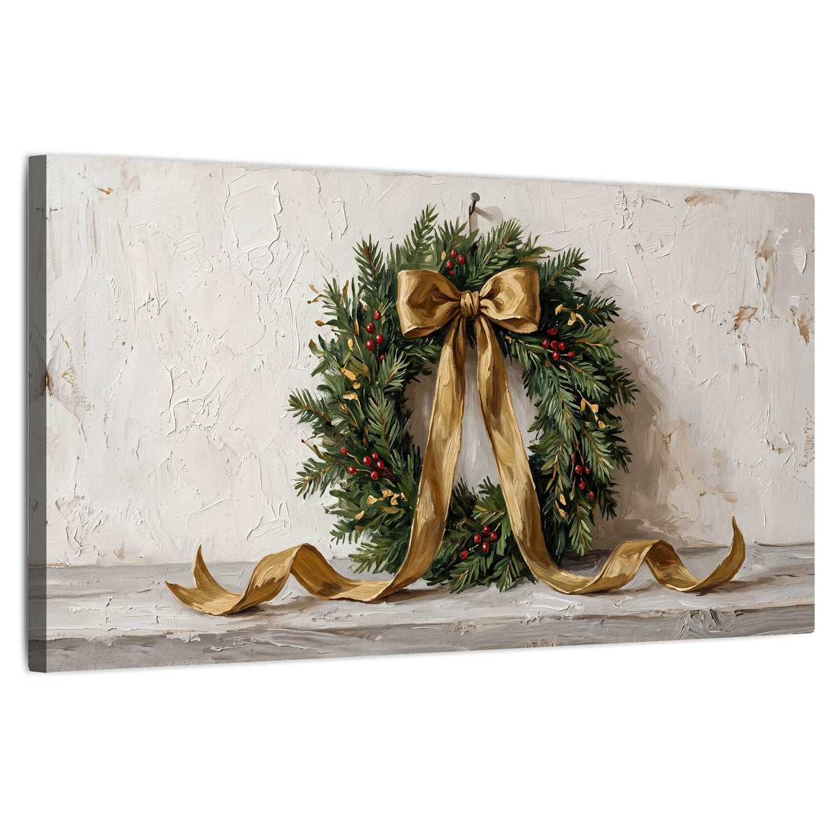 Christmas wreath gold ribbon painting stretched canvas wall art on a white background
