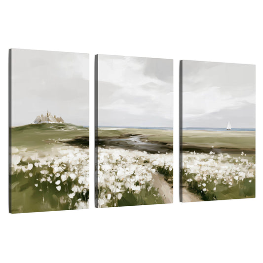 Coastal wildflower meadow painting 3 piece canvas wall art set on a white background