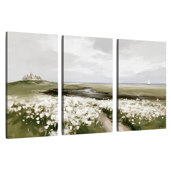 Coastal Wildflower Meadow Wall Art – White Flowers and Sailboat Painting