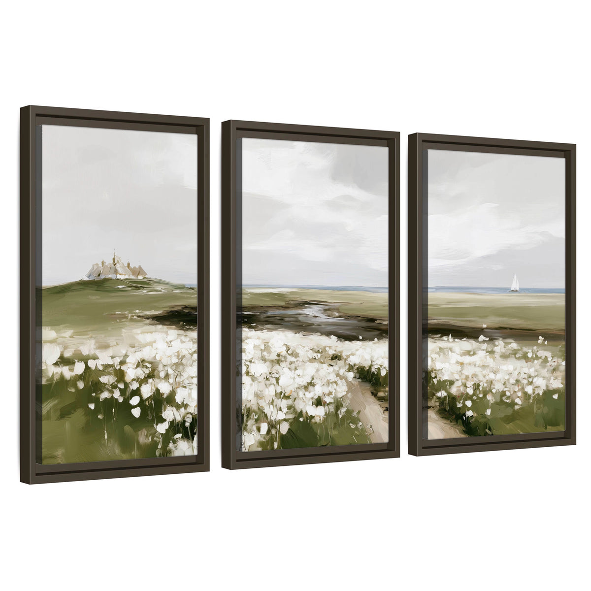 Coastal wildflower meadow painting 3 piece framed canvas wall art set on a white background