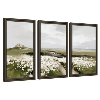 Coastal wildflower meadow painting 3 piece framed canvas wall art set on a white background