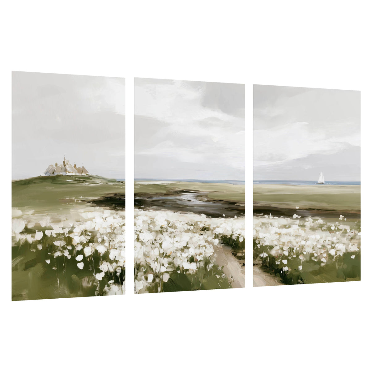 Coastal wildflower meadow painting set of 3 poster prints on a white background