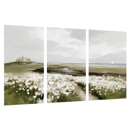 Coastal wildflower meadow painting set of 3 poster prints on a white background