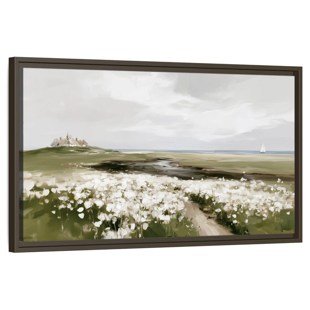 Coastal wildflower meadow painting framed canvas wall art on a white background