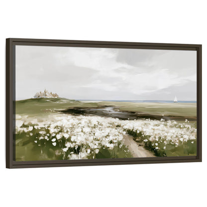 Coastal wildflower meadow painting framed canvas wall art on a white background