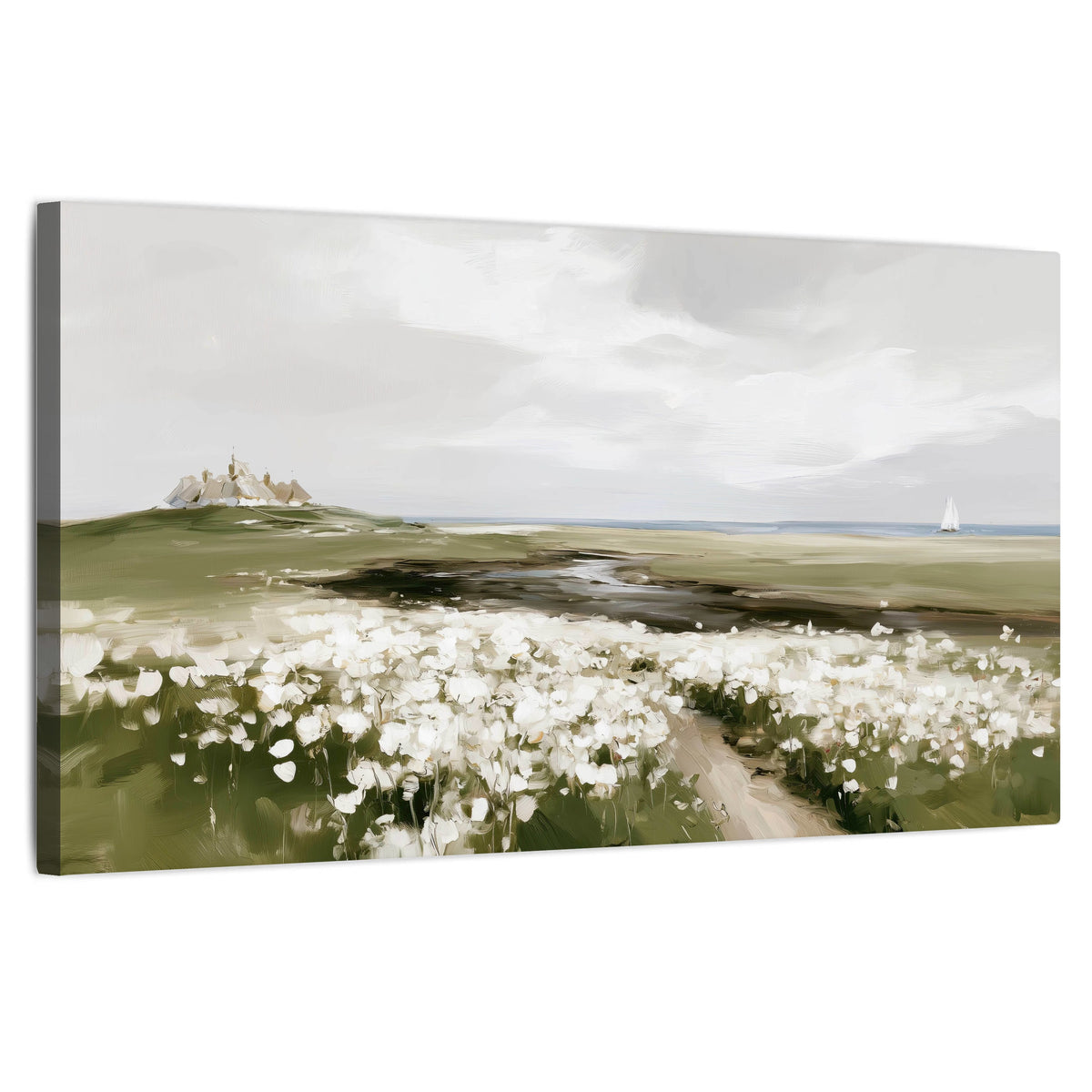Coastal wildflower meadow painting stretched canvas wall art on a white background