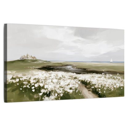 Coastal wildflower meadow painting stretched canvas wall art on a white background