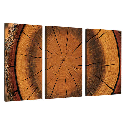 Tree ring wood slice art 3 piece canvas wall art set on a white background