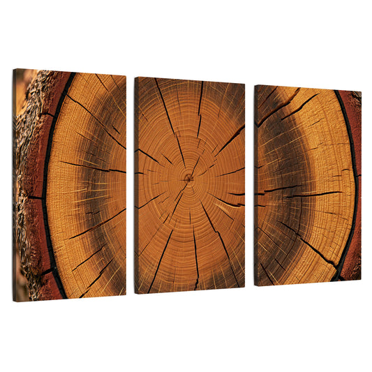 Tree ring wood slice art 3 piece canvas wall art set on a white background