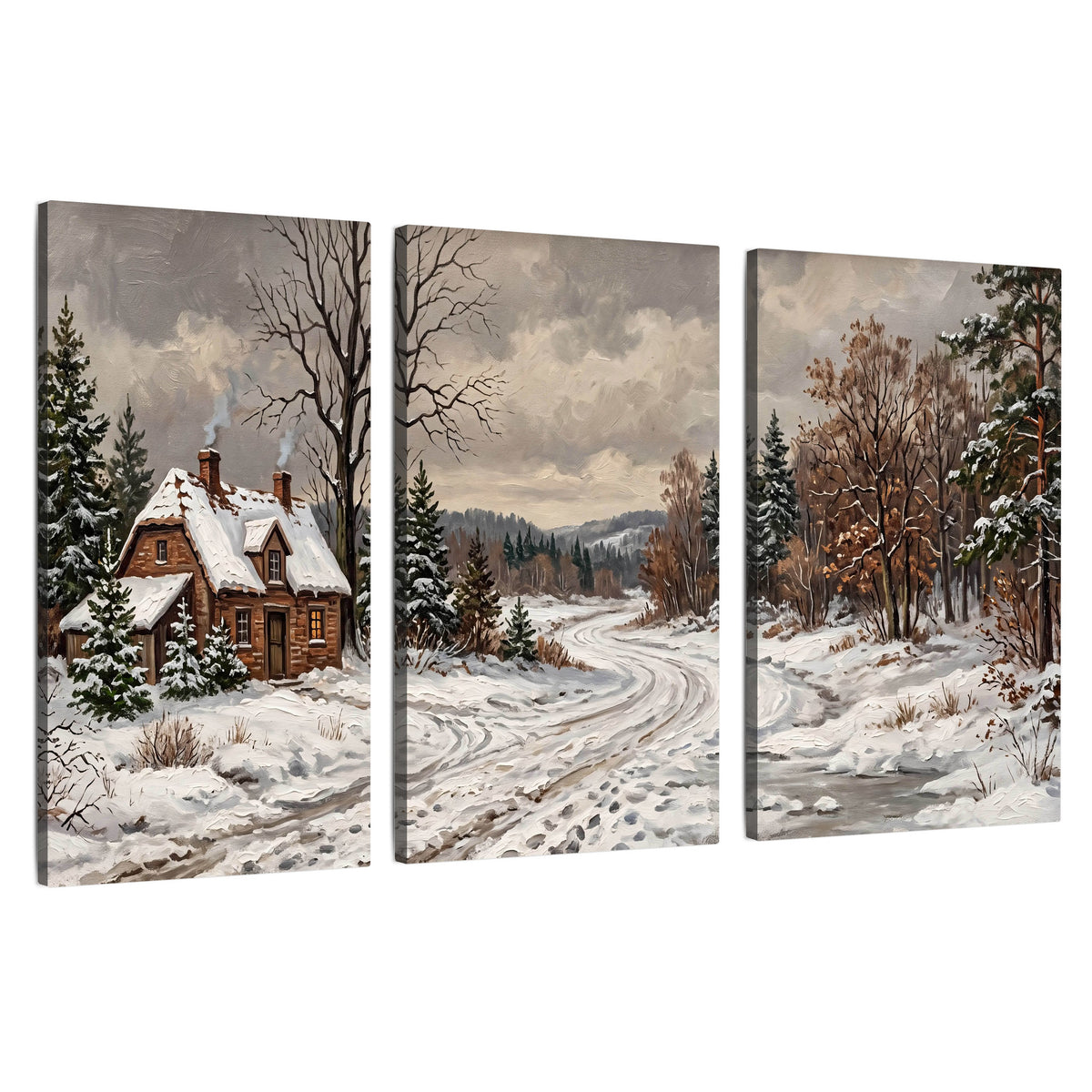 Snowy cottage winter landscape painting 3 piece canvas wall art set on a white background