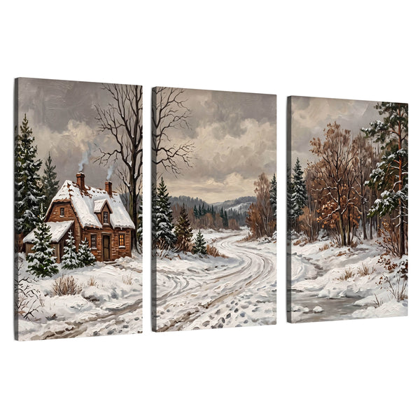 Snowy Cottage Winter Landscape Wall Art – Vintage Christmas Countryside Painting