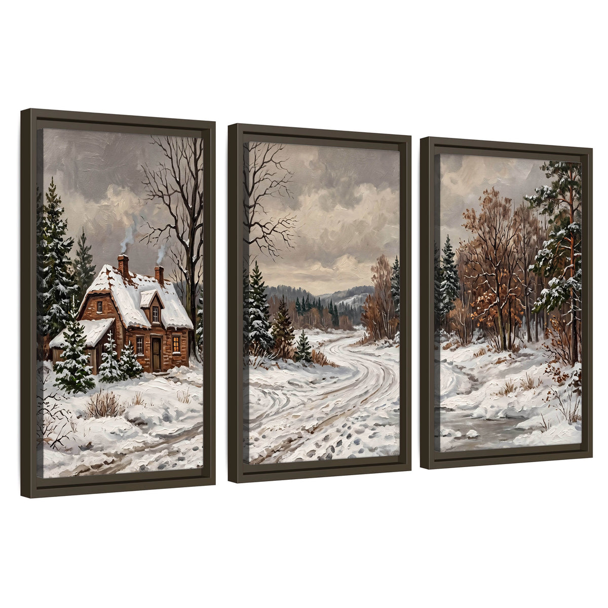 Snowy cottage winter landscape painting 3 piece framed canvas wall art set on a white background
