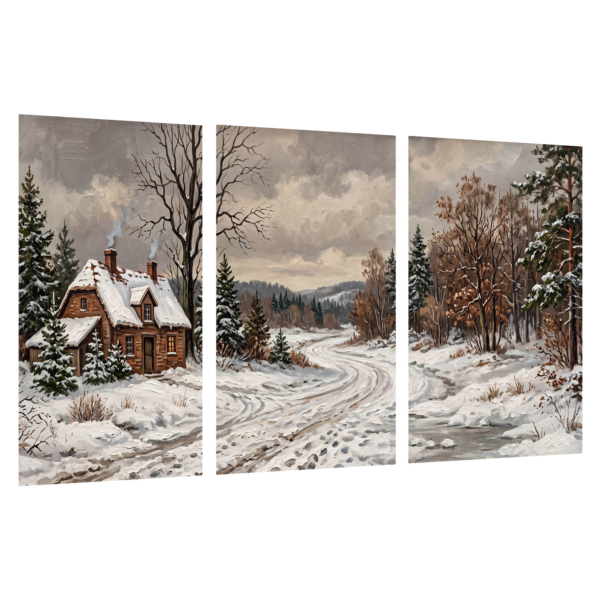 Snowy cottage winter landscape painting set of 3 poster prints on a white background